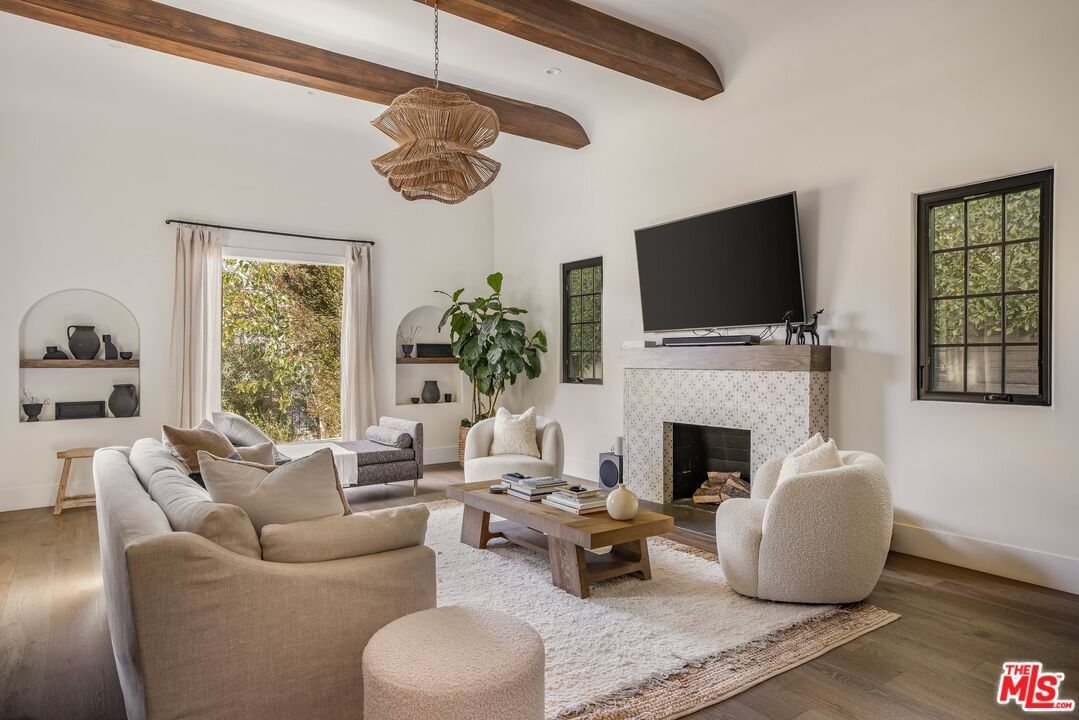 Fireplace, Interior, Living room, Pendant Lights, Recessed Lighting, Wooden Beams, Wood Texture Flooring