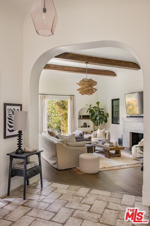 Fireplace, Interior, Living room, Pendant Lights, Wooden Beams, Wood Texture Flooring