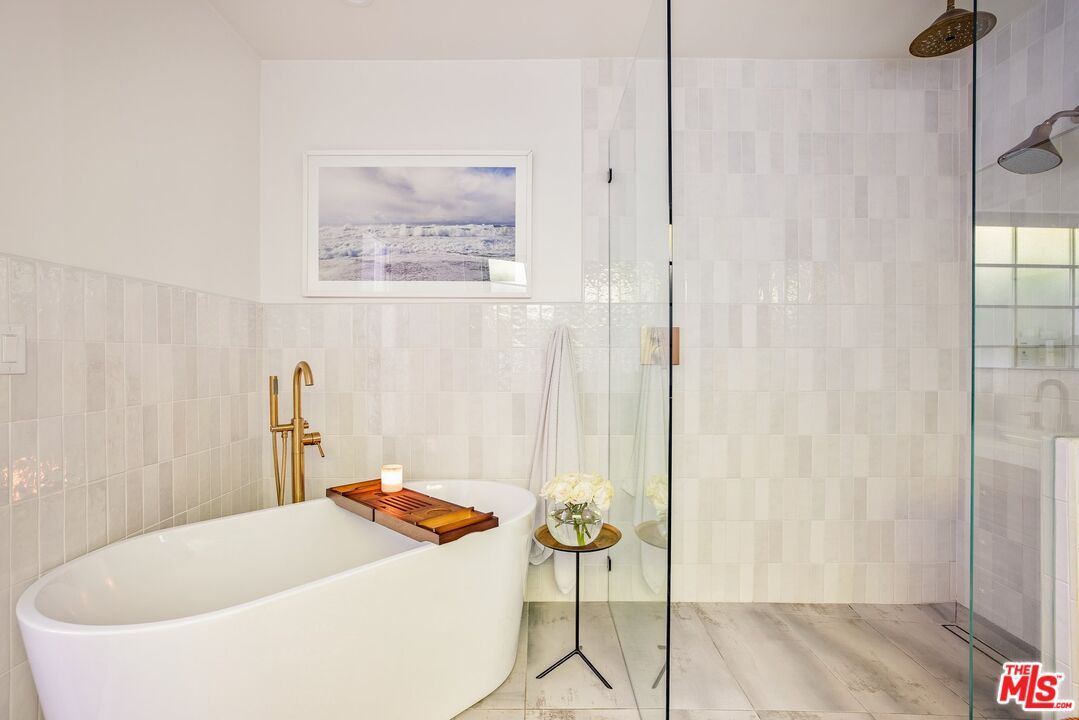 Bathroom, Free Standing Baths, Glass Shower, Interior, Wood Texture Flooring