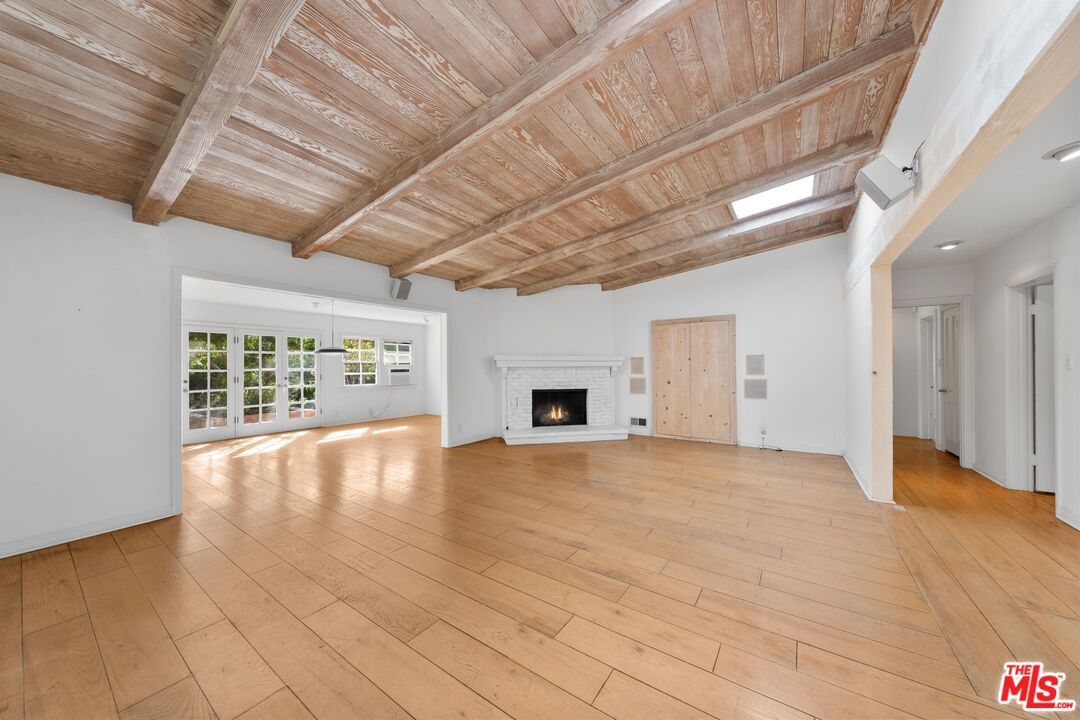 Empty room, Fireplace, Interior, Recessed Lighting, Wooden Beams, Wooden Ceilings, Wood Texture Flooring