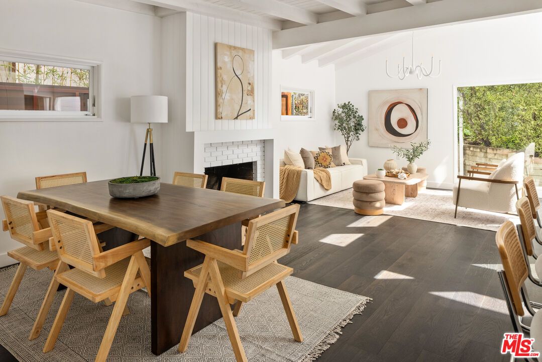 Dining room, Fireplace, Interior, Living room, Wood Texture Flooring