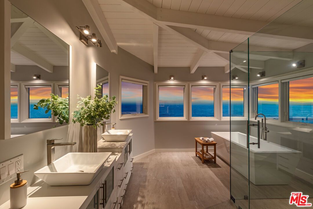 Bathroom, Dual Sink Vanities, Glass Shower, Interior, Water, Wood Texture Flooring