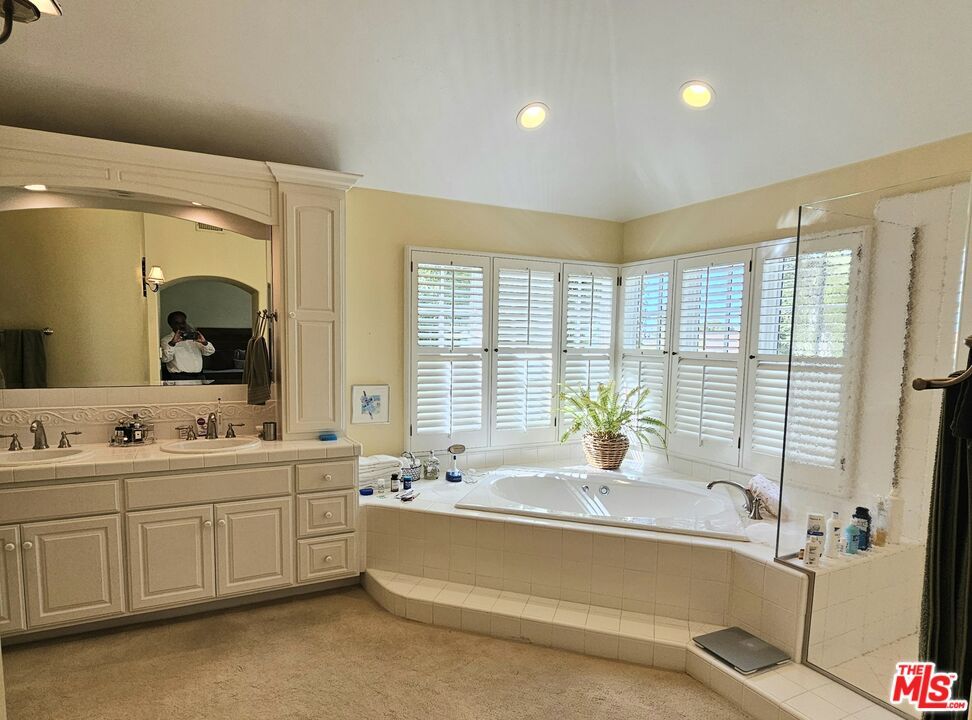 Bathroom, Dual Sink Vanities, Glass Shower, Interior, Recessed Lighting, Tile Countertops
