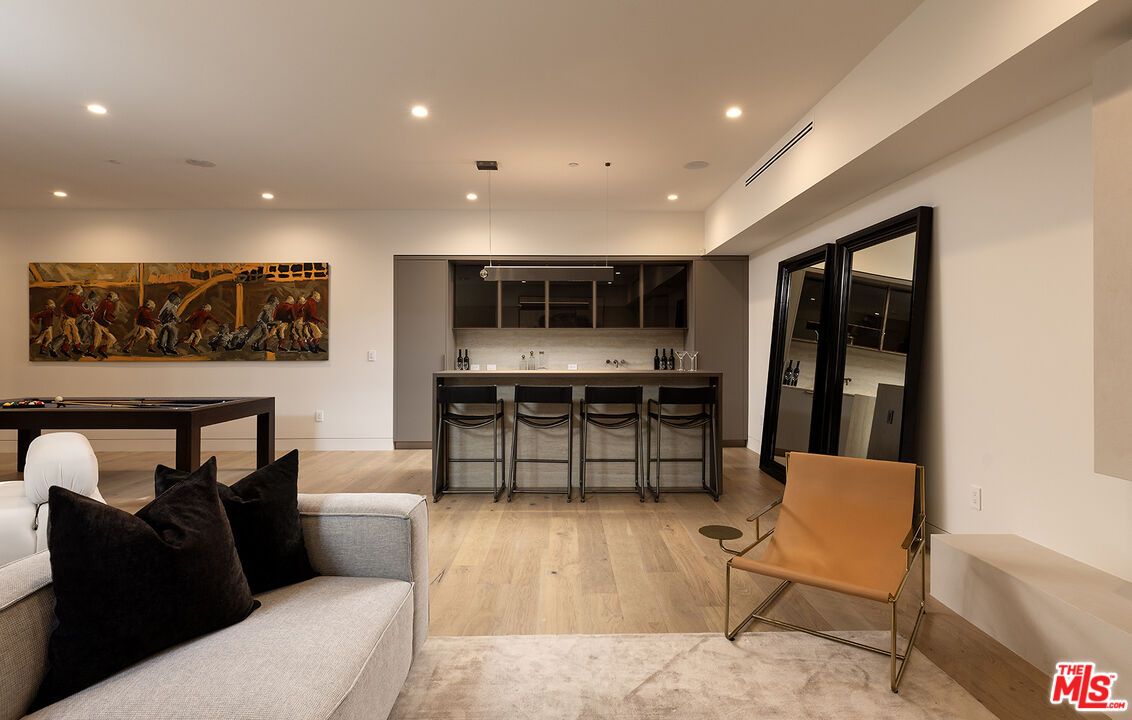 Billiard Table, Game Room, Interior, Pendant Lights, Recessed Lighting, Wood Texture Flooring