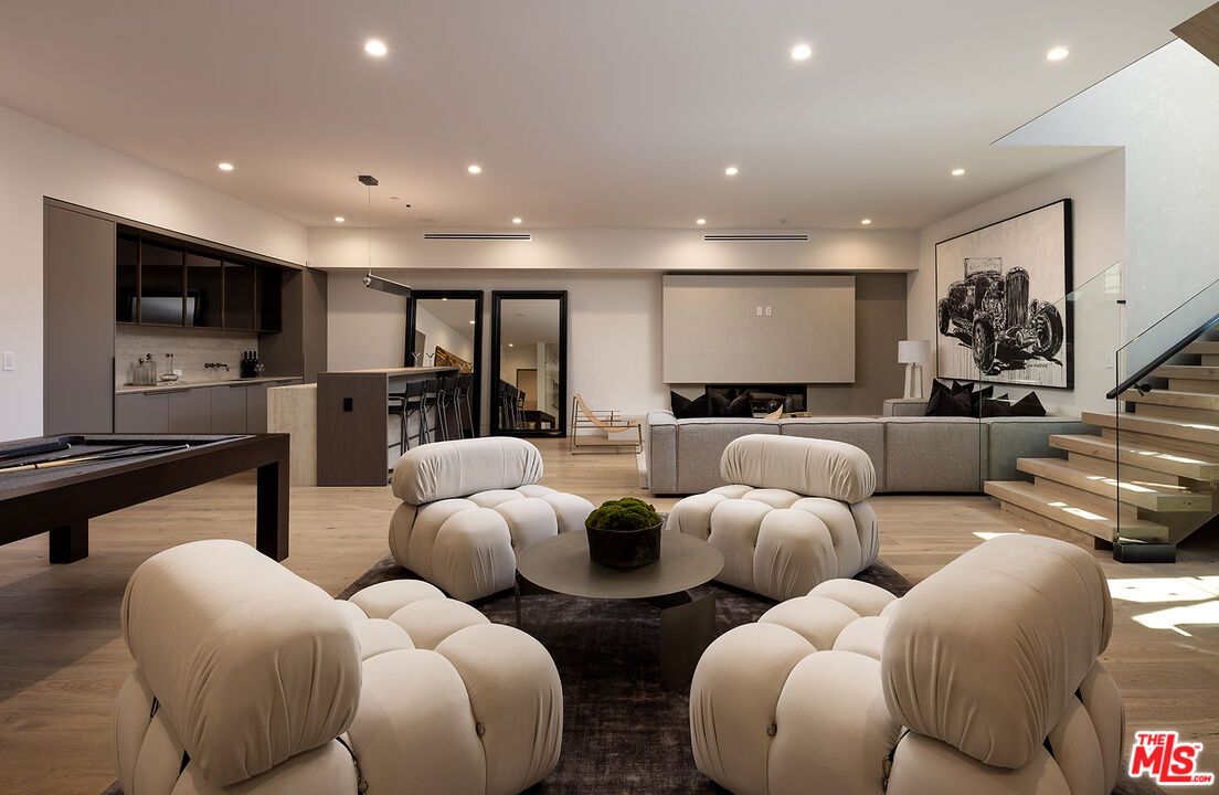 Billiard Table, Game Room, Interior, Living room, Projection Screen, Recessed Lighting, Wood Texture Flooring