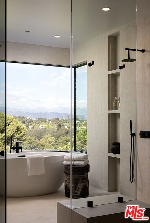 Bathroom, Free Standing Baths, Glass Shower, Interior, Recessed Lighting