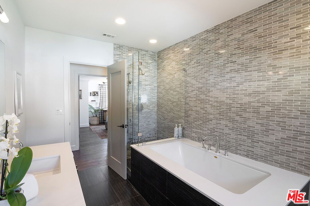 Bathroom, Glass Shower, Interior, Recessed Lighting, Wood Texture Flooring