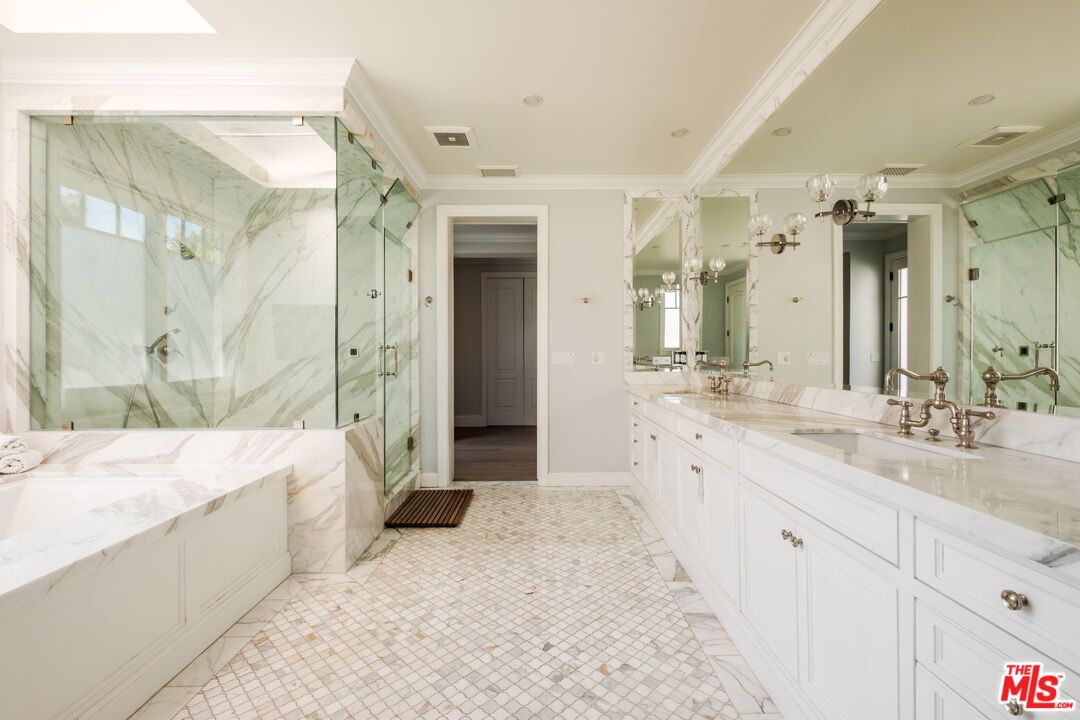 Bathroom, Dual Sink Vanities, Glass Shower, Interior, Marble Walls, Recessed Lighting
