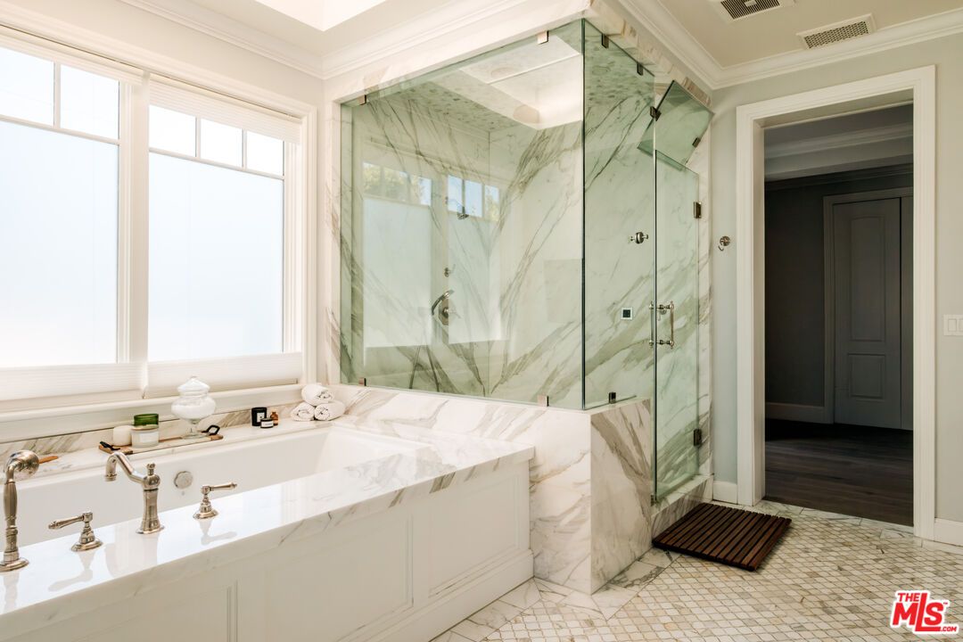 Bathroom, Glass Shower, Interior, Marble Walls, Wood Texture Flooring