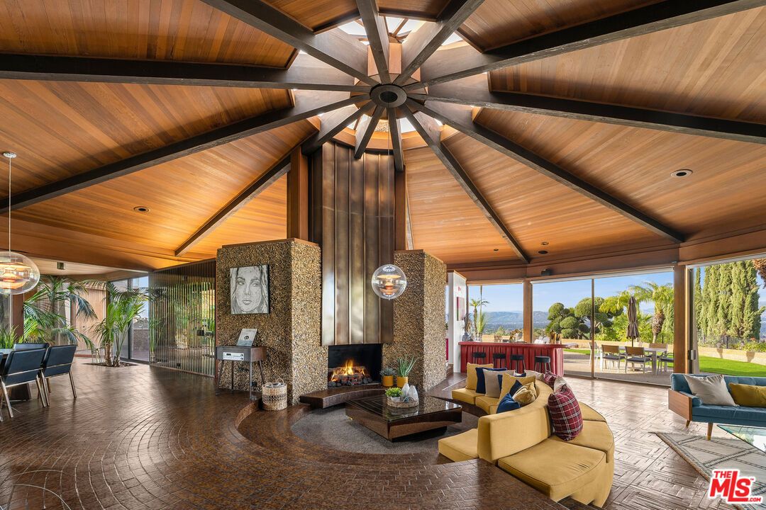 Dining room, Fireplace, Interior, Living room, Pendant Lights, Recessed Lighting, Wooden Beams, Wooden Ceilings, Wooden Walls