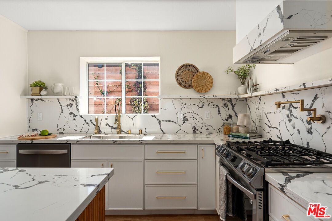 Interior, Kitchen, Marble Walls, Stainless Steel Appliances, Wood Texture Flooring