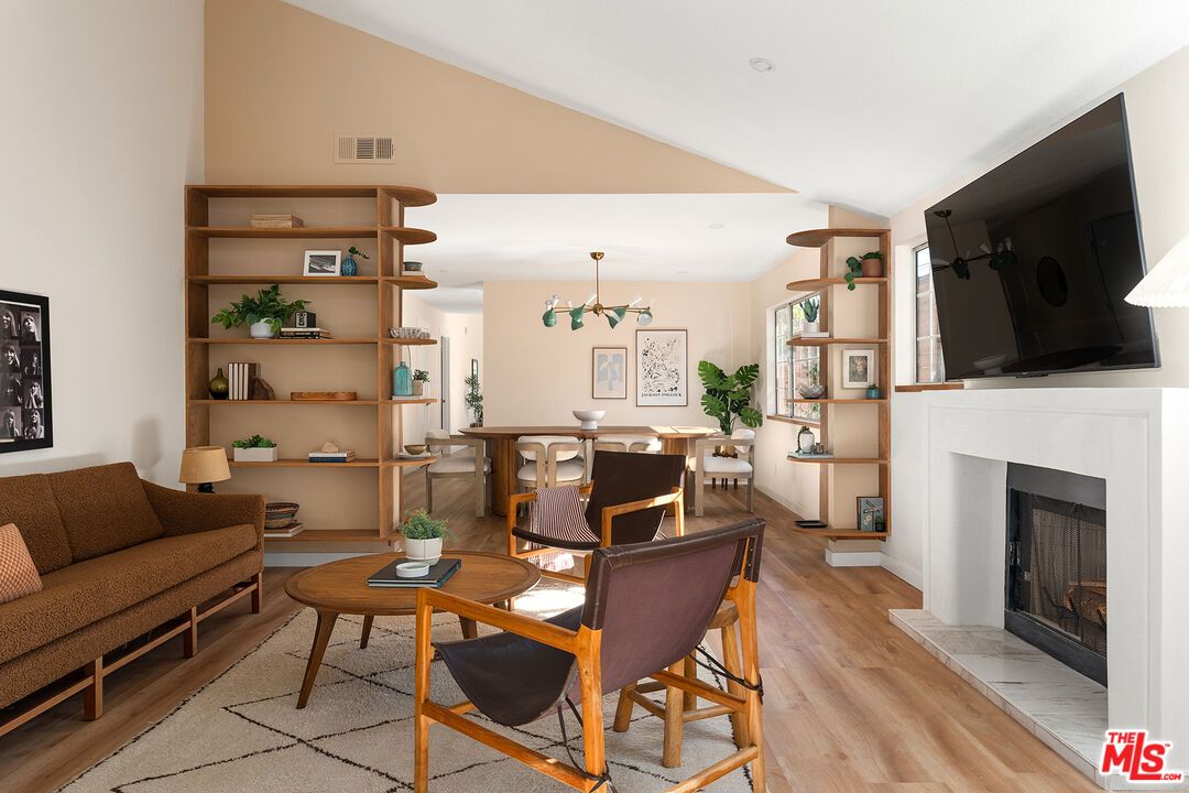 Dining room, Fireplace, Interior, Living room, Pendant Lights, Wood Texture Flooring