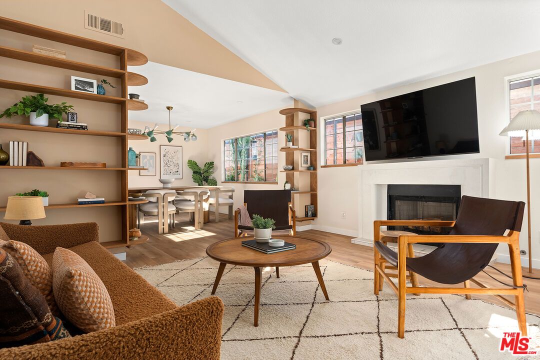 Dining room, Fireplace, Interior, Living room, Pendant Lights, Wood Texture Flooring