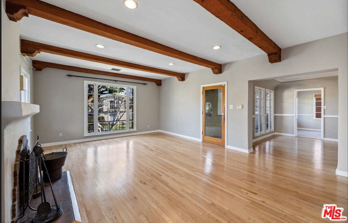 Empty room, Fireplace, Interior, Recessed Lighting, Wooden Beams, Wood Texture Flooring
