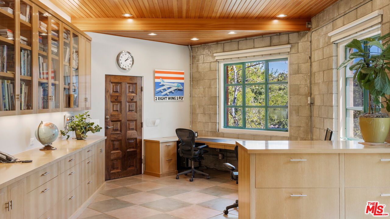 Home Office, Interior, Recessed Lighting, Stone Walls, Wooden Ceilings