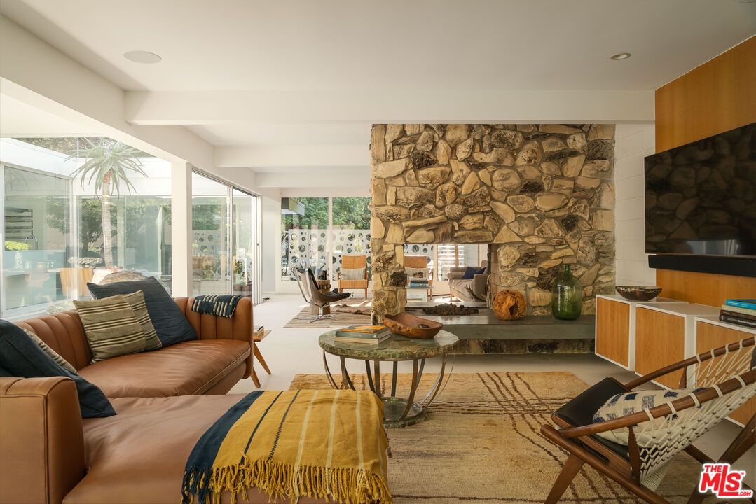 Fireplace, Interior, Living room, Recessed Lighting, Stone Walls