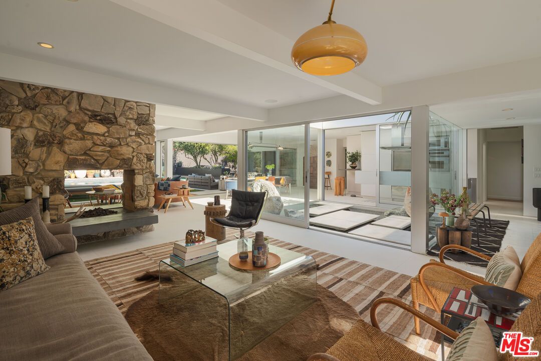 Fireplace, Interior, Living room, Recessed Lighting, Stone Walls