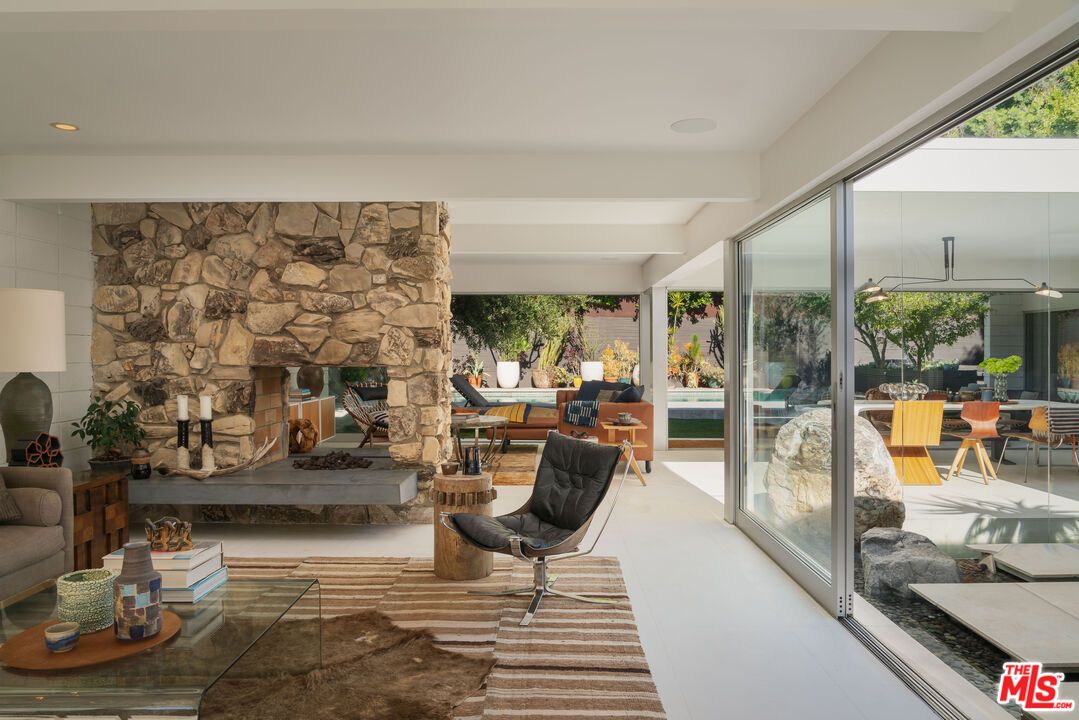 Fireplace, Interior, Living room, Recessed Lighting, Stone Walls