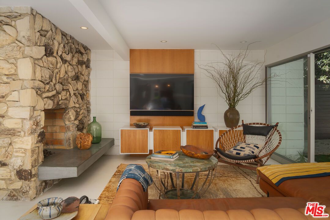 Fireplace, Interior, Living room, Recessed Lighting, Stone Walls