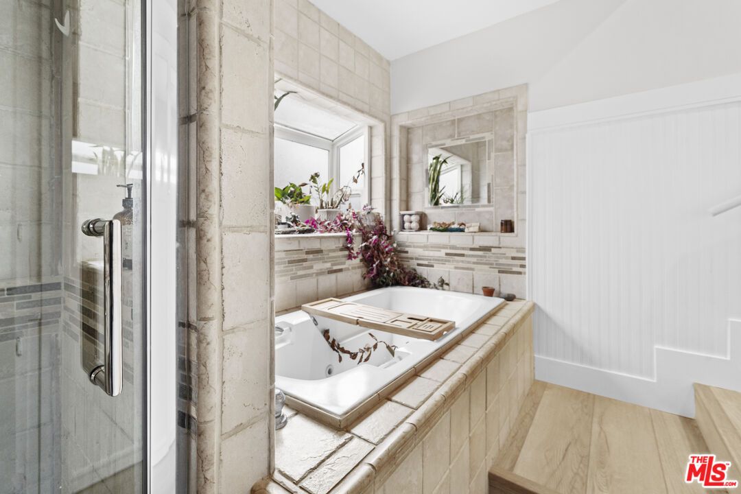 Bathroom, Glass Shower, Interior, Tile Countertops, Wood Texture Flooring