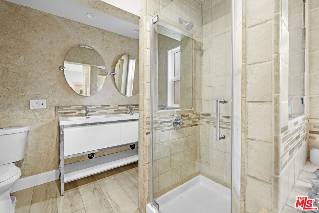 Bathroom, Glass Shower, Interior, Recessed Lighting, Stone Walls, Wood Texture Flooring