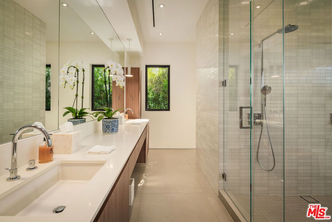 Bathroom, Dual Sink Vanities, Glass Shower, Interior, Pendant Lights, Recessed Lighting