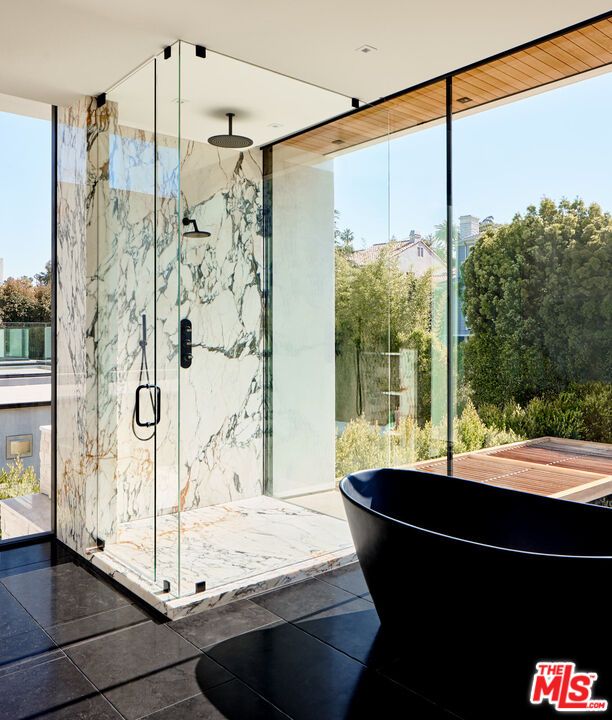 Bathroom, Free Standing Baths, Glass Shower, Interior, Marble Walls, Recessed Lighting
