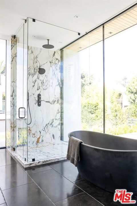 Bathroom, Free Standing Baths, Glass Shower, Interior, Marble Walls