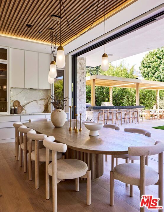 Dining room, Interior, Pendant Lights, Wood Texture Flooring
