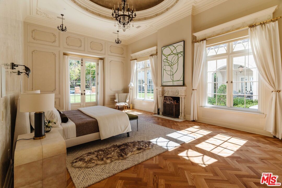 Bedroom, Chandelier, Fireplace, Interior, Wood Texture Flooring