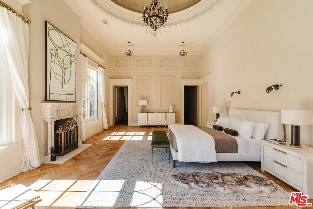 Bedroom, Chandelier, Fireplace, Interior, Wood Texture Flooring