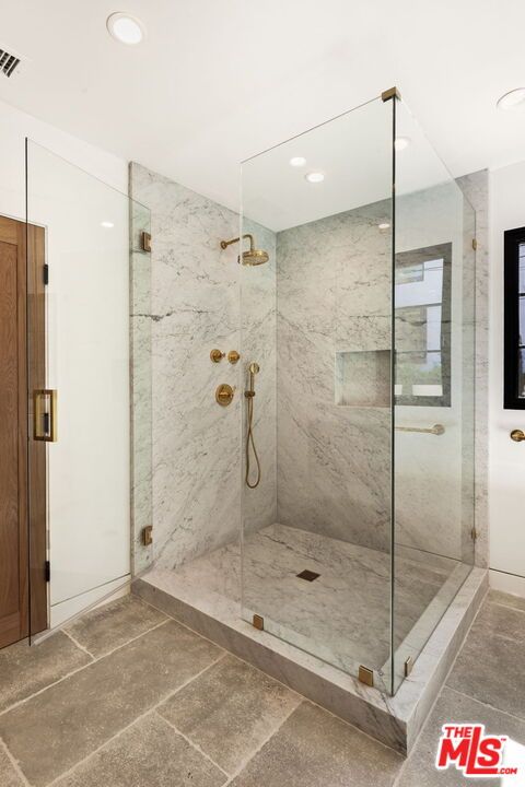 Bathroom, Glass Shower, Interior, Marble Walls, Recessed Lighting