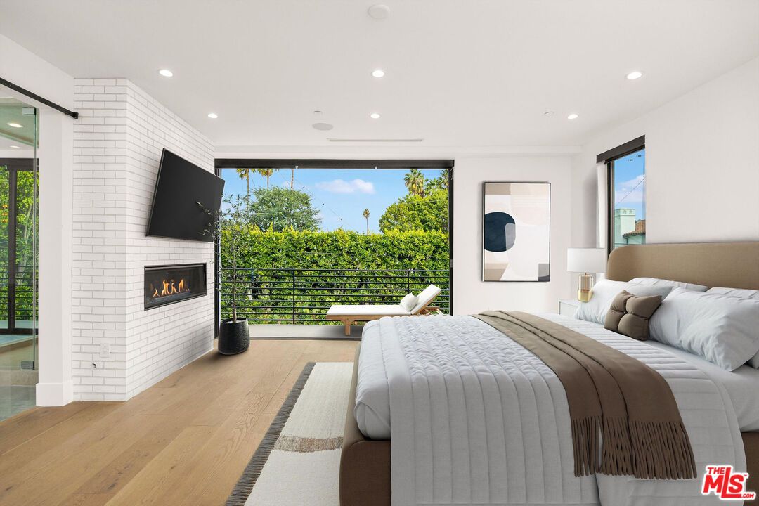 Bedroom, Fireplace, Interior, Recessed Lighting, Wood Texture Flooring