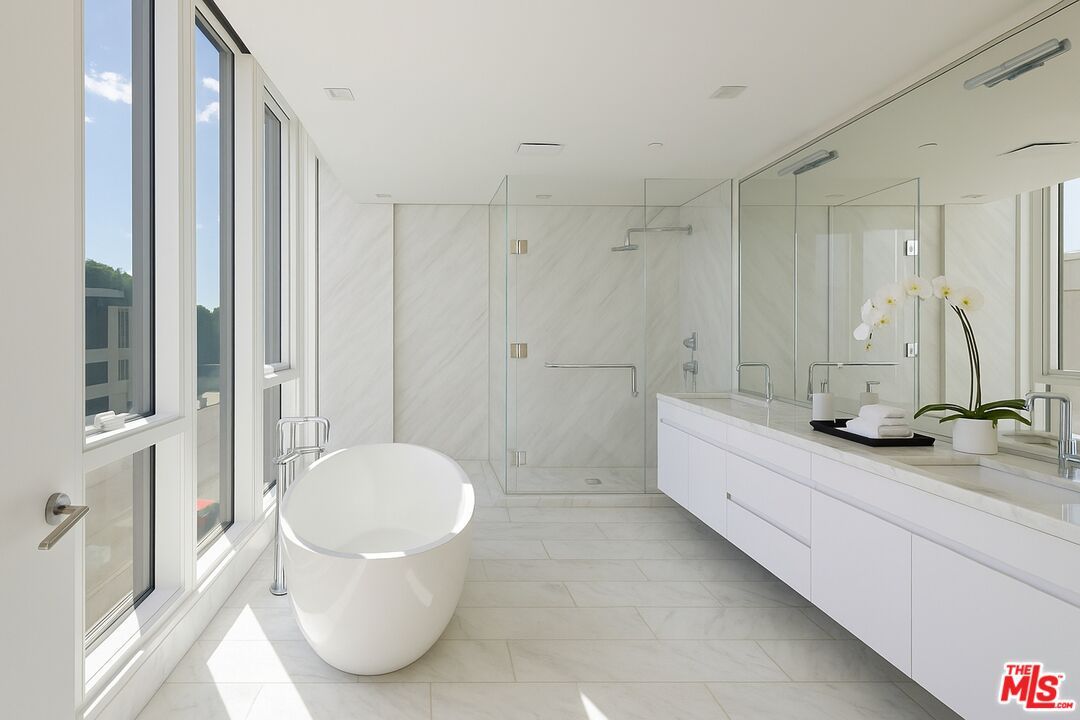 Bathroom, Dual Sink Vanities, Free Standing Baths, Glass Shower, Interior, Marble, Marble Walls, Recessed Lighting