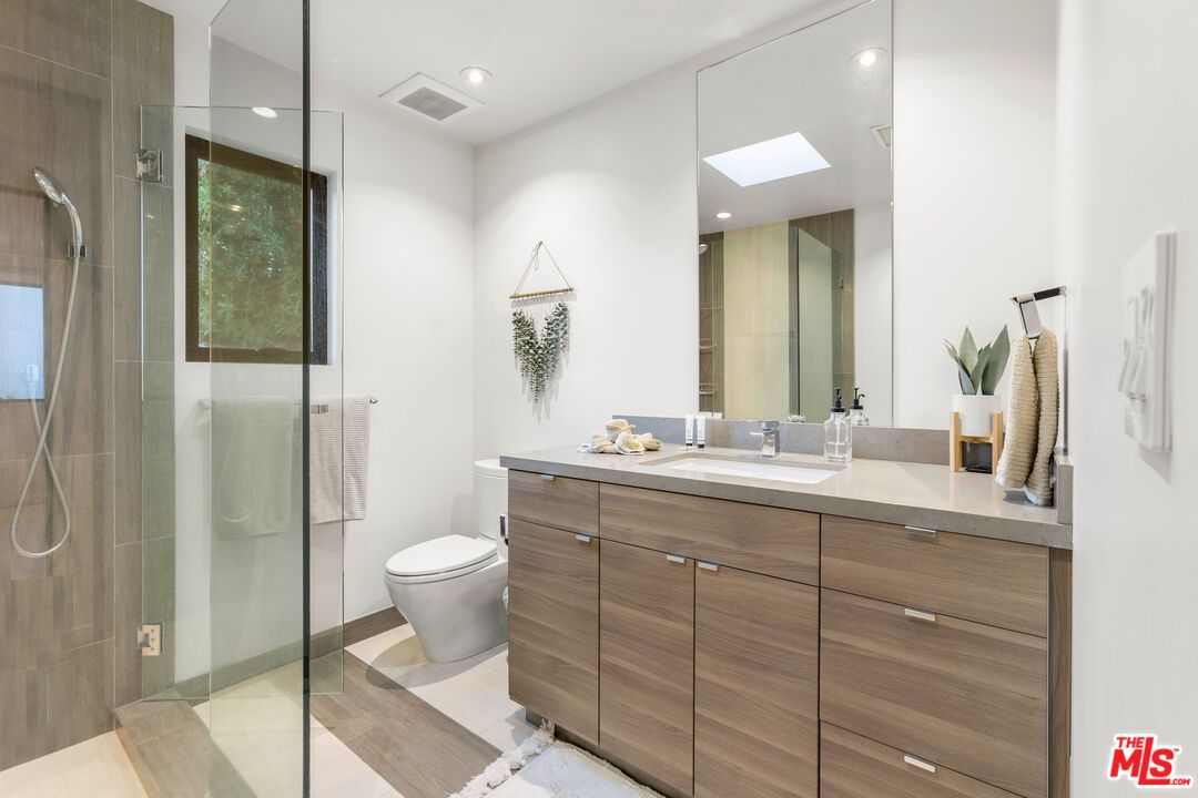 Bathroom, Glass Shower, Interior, Recessed Lighting, Wood Texture Flooring