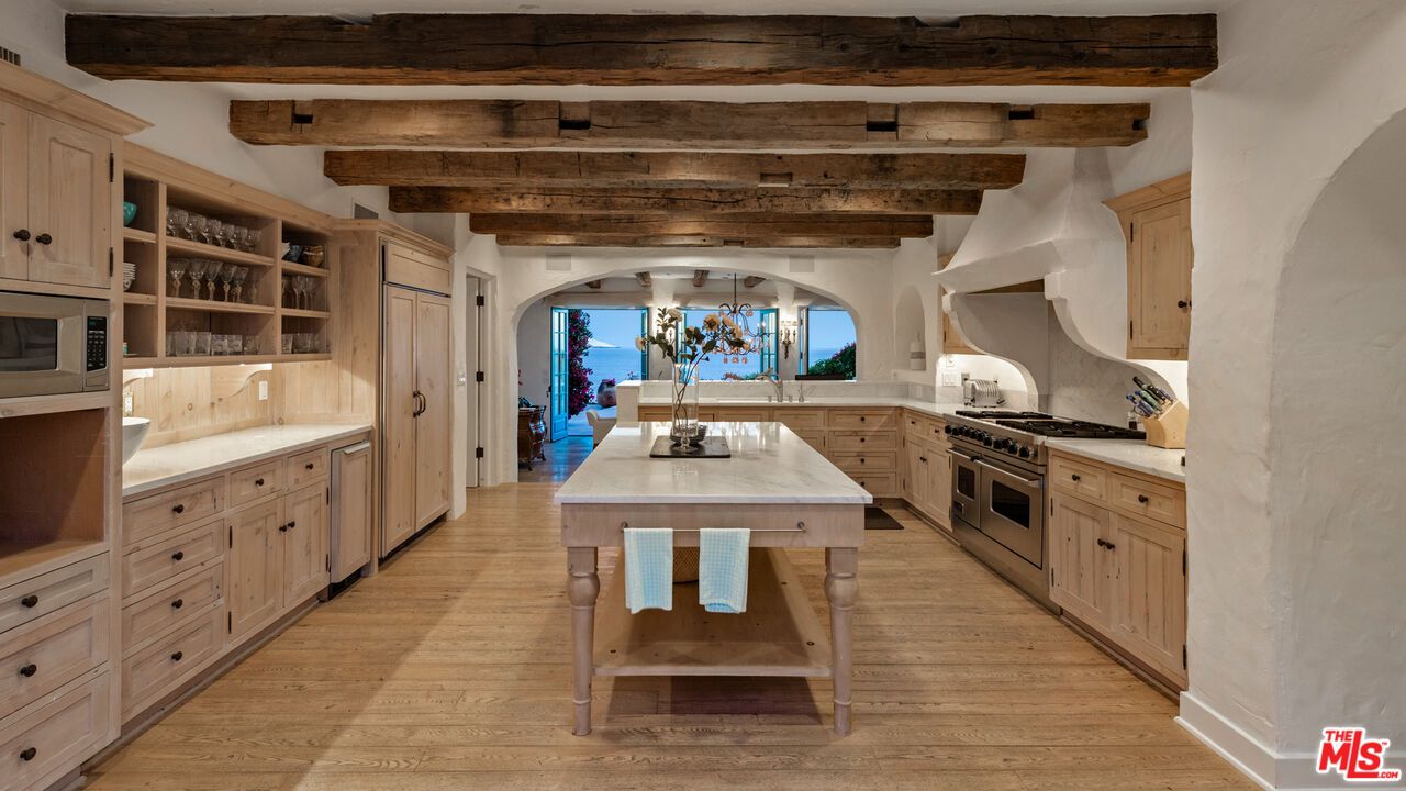 Interior, Kitchen, Stainless Steel Appliances, Water, Wooden Beams, Wood Texture Flooring
