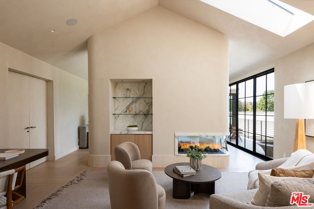 Interior, Living room, Marble Walls, Recessed Lighting, Wood Texture Flooring