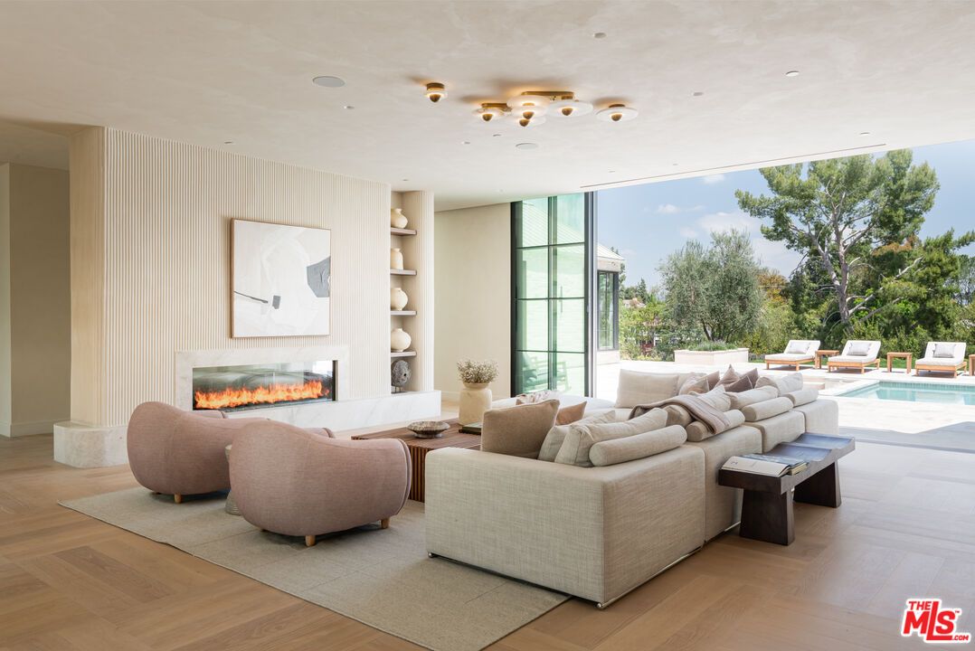 Fireplace, Interior, Living room, Pool, Recessed Lighting, Wood Texture Flooring