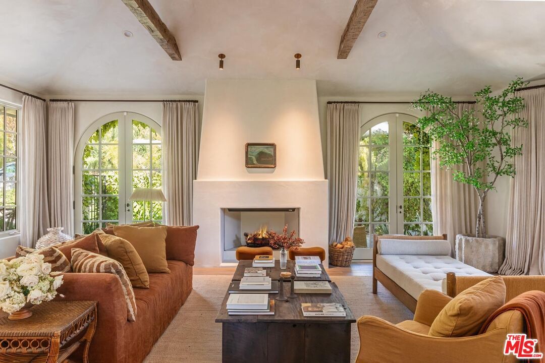 Fireplace, Interior, Living room, Recessed Lighting, Wooden Beams, Wood Texture Flooring