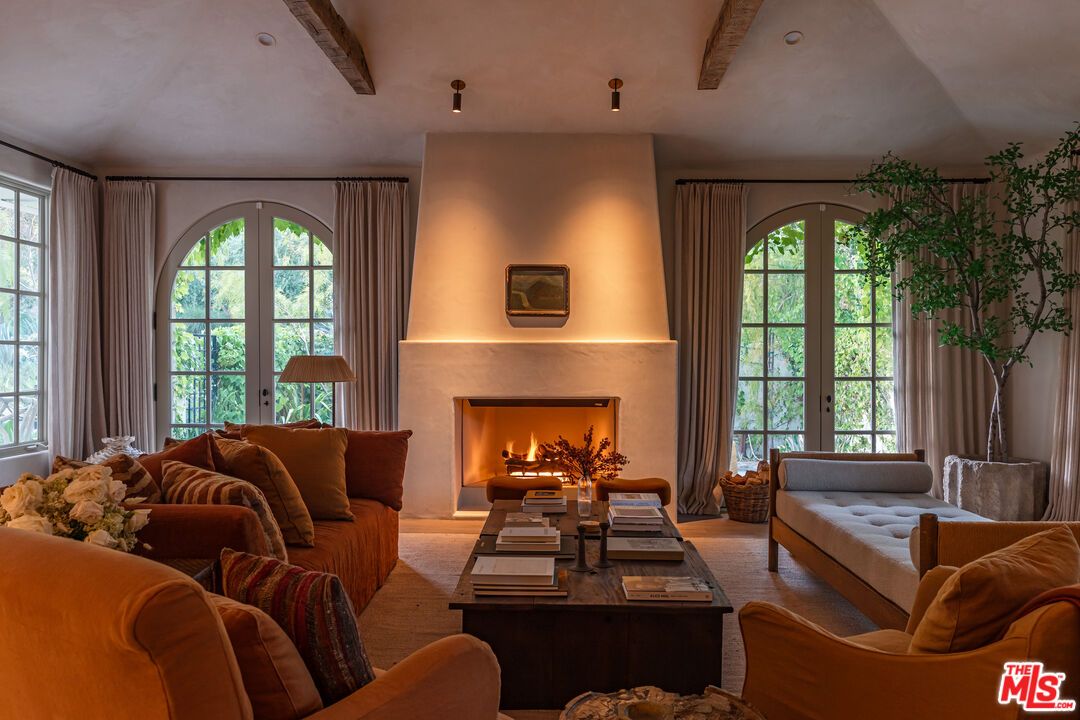 Fireplace, Interior, Living room, Recessed Lighting, Wooden Beams, Wood Texture Flooring