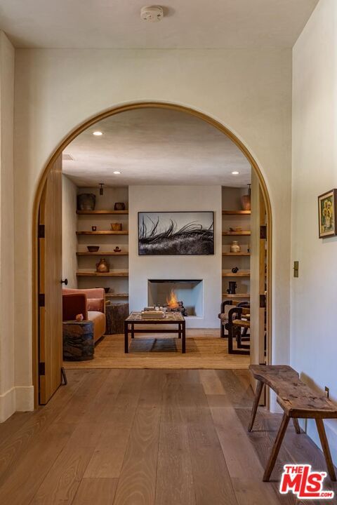 Fireplace, Interior, Recessed Lighting, Wood Texture Flooring