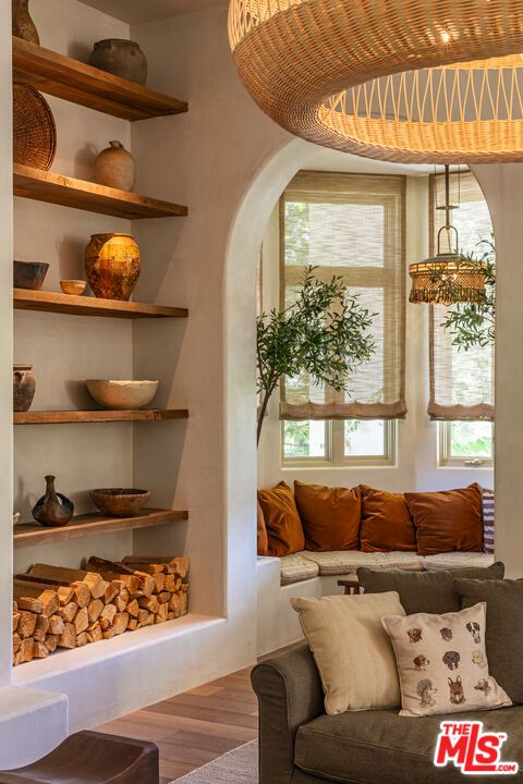 Fireplace, Interior, Living room, Pendant Lights, Wood Texture Flooring