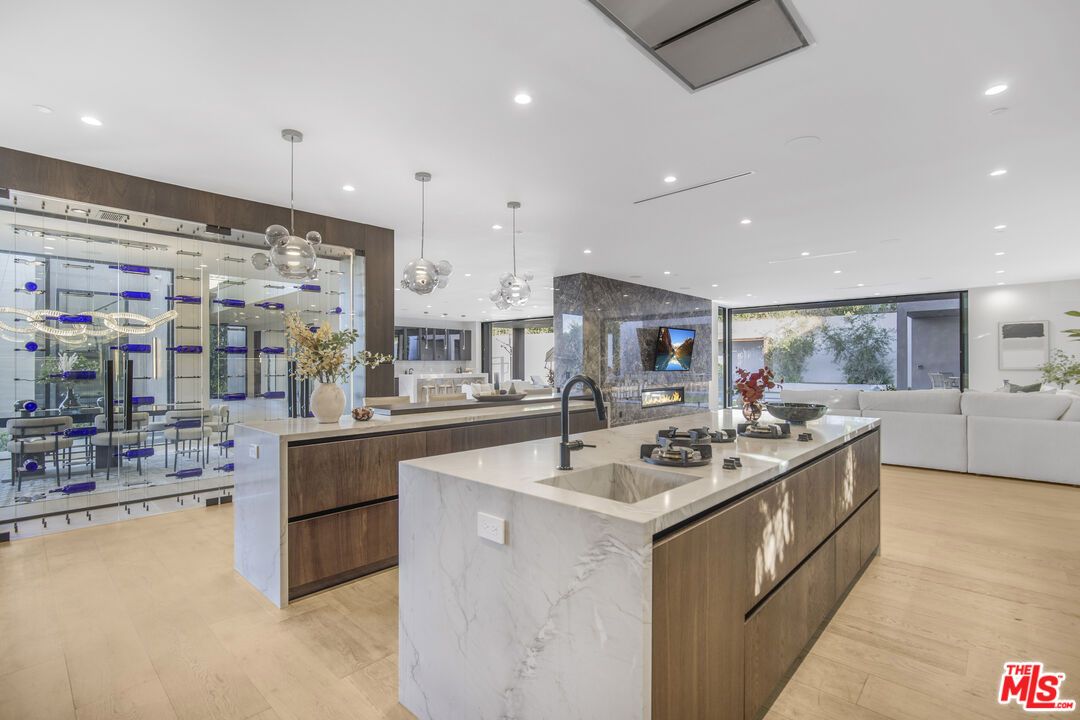 Fireplace, Interior, Kitchen, Living room, Pendant Lights, Recessed Lighting, Wood Texture Flooring