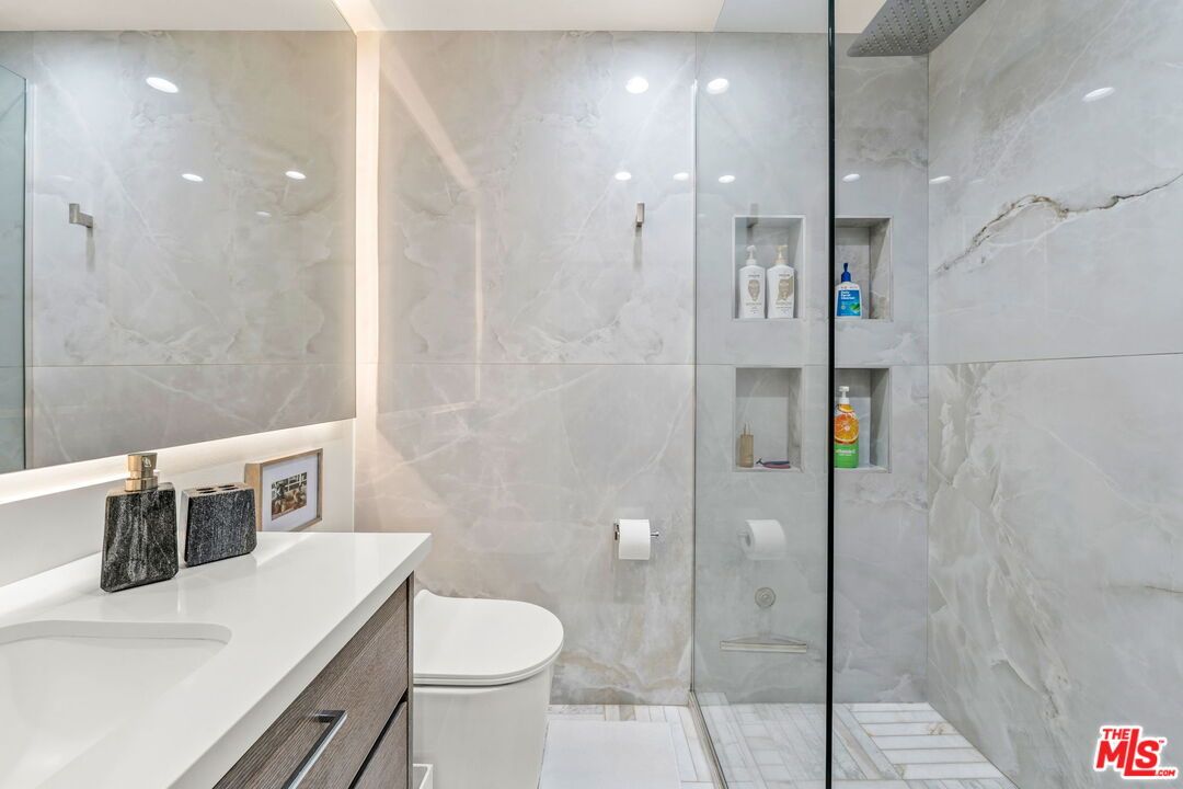 Bathroom, Glass Shower, Interior, Marble Walls, Recessed Lighting