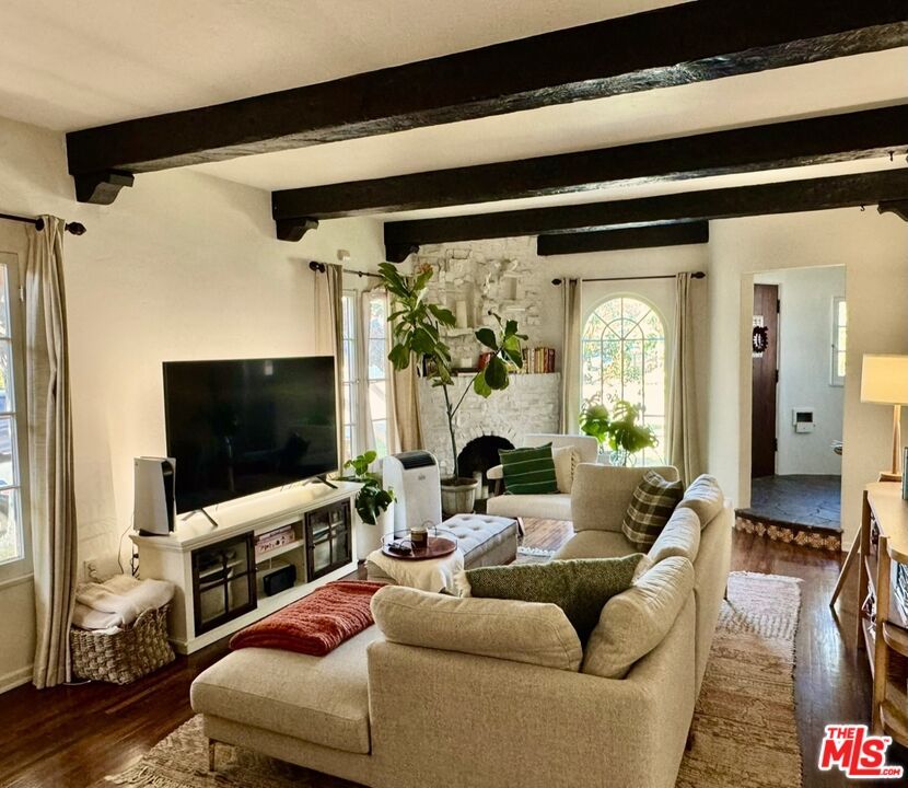 Fireplace, Interior, Living room, Stone Walls, Wooden Beams, Wood Texture Flooring