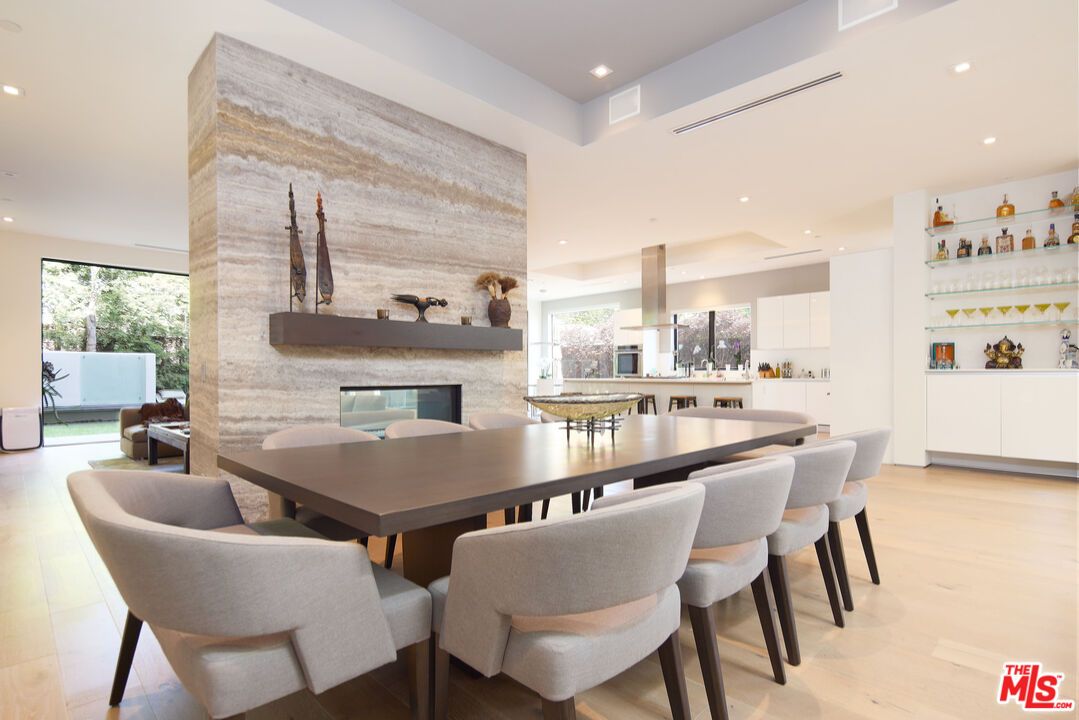 Dining room, Fireplace, Interior, Kitchen, Recessed Lighting, Wood Texture Flooring