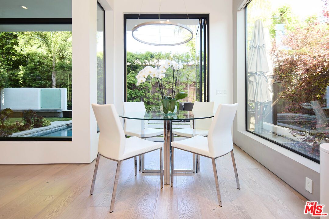 Dining room, Interior, Pendant Lights, Recessed Lighting, Wood Texture Flooring