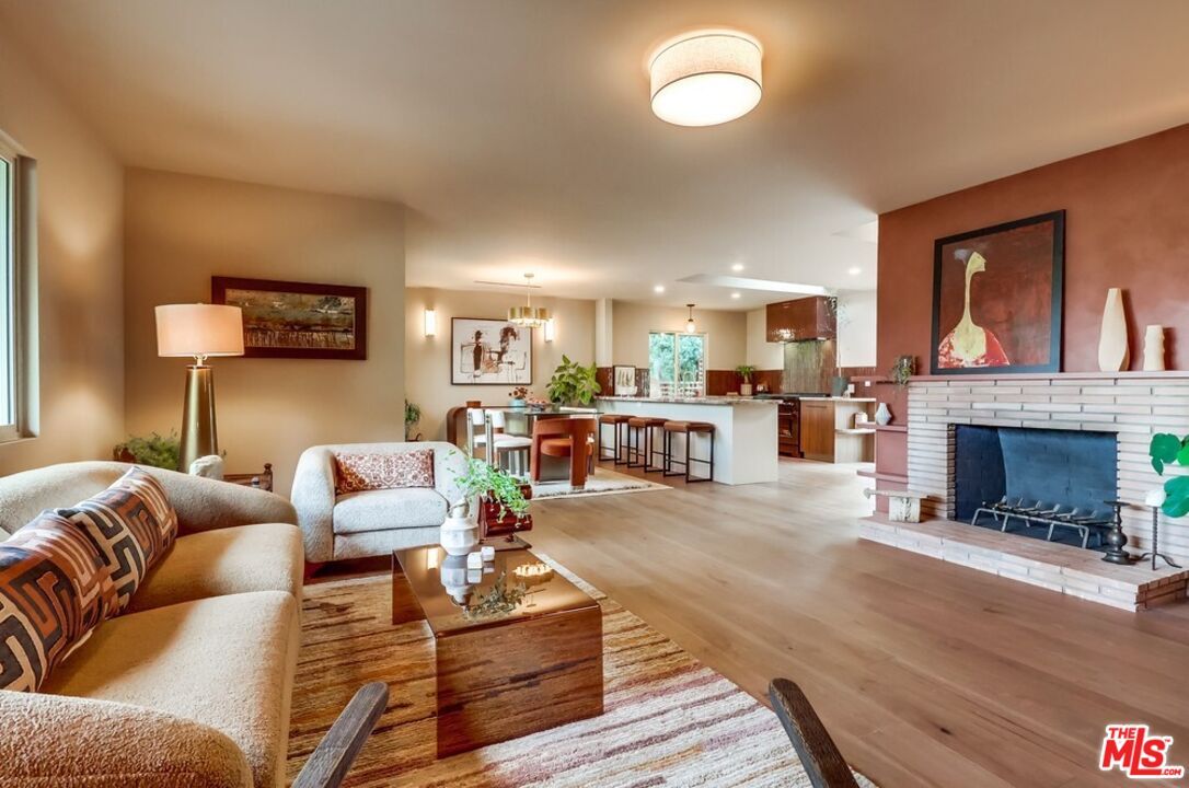 Fireplace, Interior, Kitchen, Living room, Pendant Lights, Recessed Lighting, Wood Texture Flooring