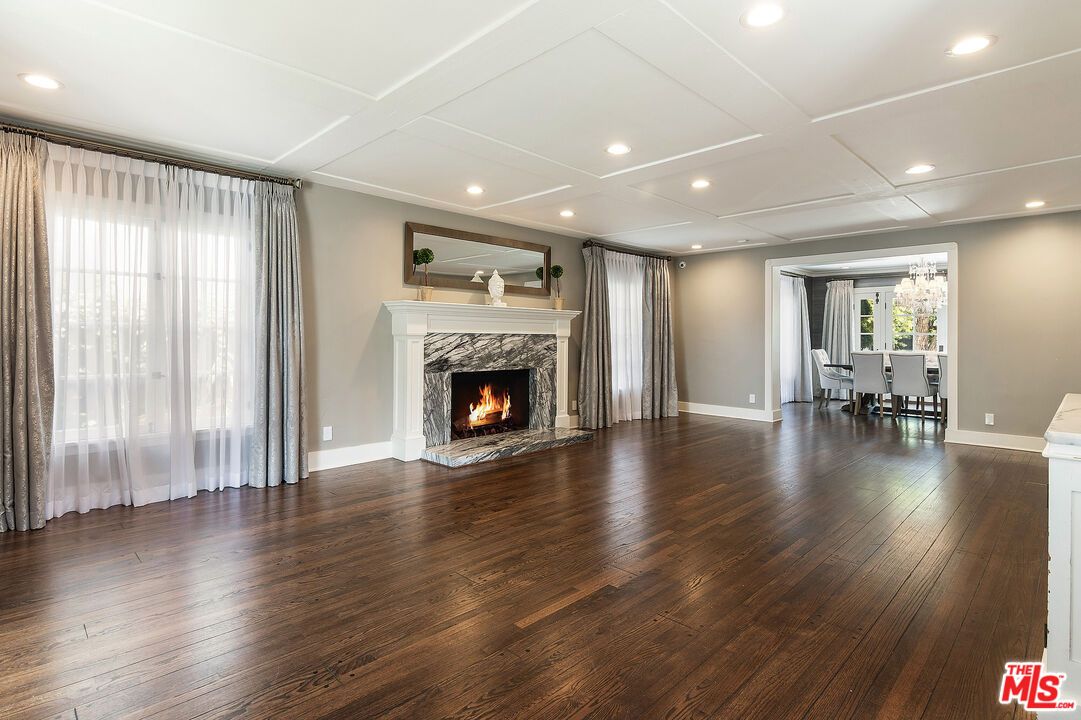 Dining room, Empty room, Fireplace, Interior, Recessed Lighting, Wood Texture Flooring