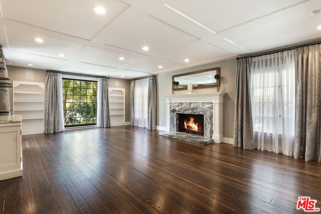 Empty room, Fireplace, Interior, Recessed Lighting, Wood Texture Flooring